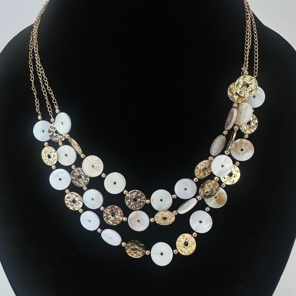 Layered Gold Tone Statement Necklace with Mother of Pearl Discs